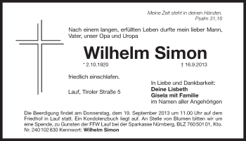 Traueranzeige von Wilhelm Simon von Pegnitz-Zeitung